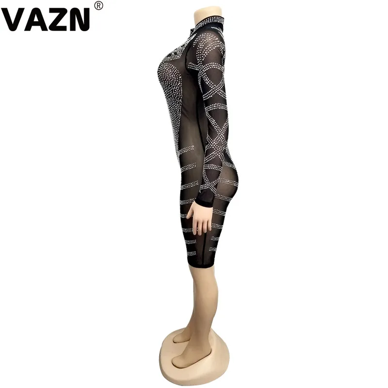 VAZN XYZ3305 новая тяжелая промышленность бриллианты Сексуальная Клубная Мода просвечивается полный рукав Талия коллекция женские обтягивающие мини-комбинезоны