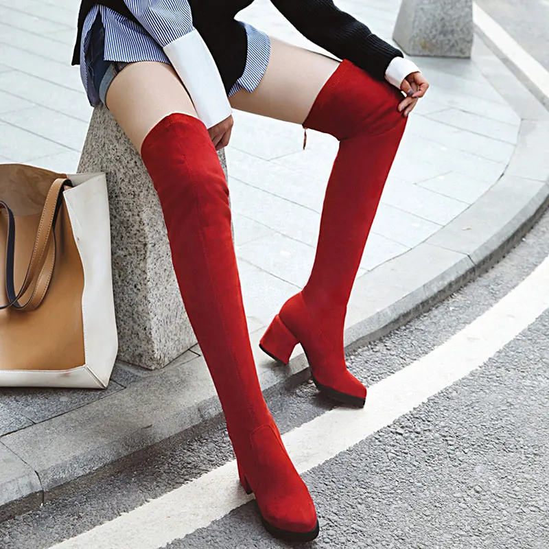 Sgesvier/однотонная обувь из флока на высоком каблуке женские сапоги выше колена Осень-зима женские модные эластичные сапоги с круглым носком Элегантные G742 - Цвет: Красный