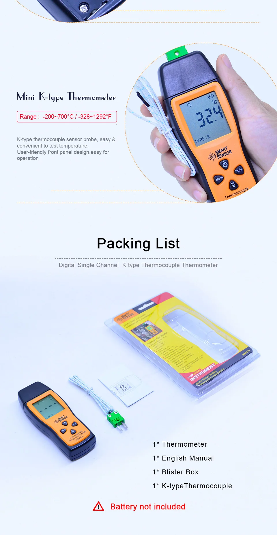 OUTEST цифровой термопары термометр-200~ 700C одноканальный измеритель температуры для k-типа ЖК-дисплей портативный тестер AS857A