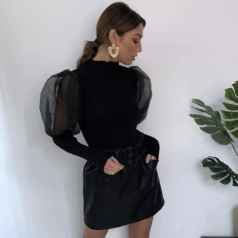 WannaThis с пышными рукавами, с сеткой, с длинным рукавом, тонкая, с ложным вырезом, Элегантная блузка, вязаный Топ, однотонный, из кусков, осенняя новинка, Модный женский топ