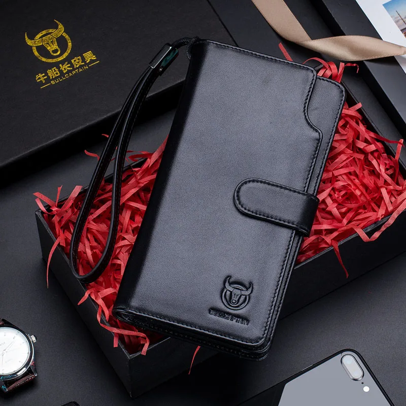 Black BULLCAPTAIN мужской кошелек клатч из натуральной кожи брендовый Rfid кошелек Мужской органайзер для сотового телефона клатч на запястье Длинный кошелек для монет - Цвет: Black
