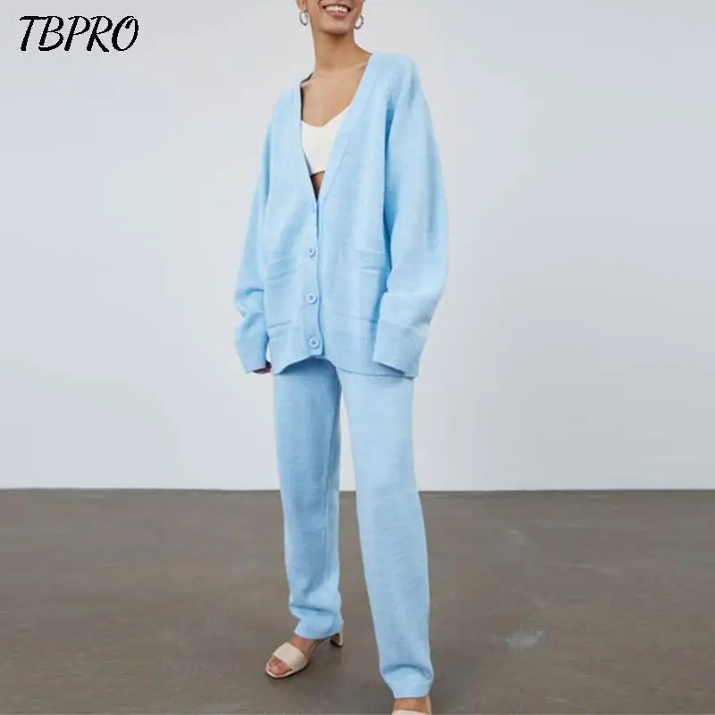 Casual Women Knitted Two Piece Sets Autumn Lace Up Pencil Pant And V Neck Cardigan Button Top Suits Fashion Elegant Tracksuits |