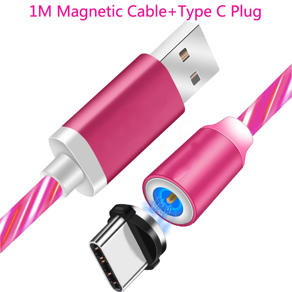 Магнитный кабель, светящийся, Тип C, Micro usb кабель для зарядки iPhone 7 8 huawei P20 P30 mate 20 Honor 7A 7C 7S 8X 8A кабель - Цвет: Type C Red