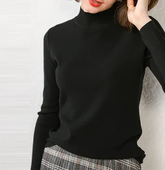 

2020 spring and autumn solid color high neck slim long sleeve knitted T-shirt women new