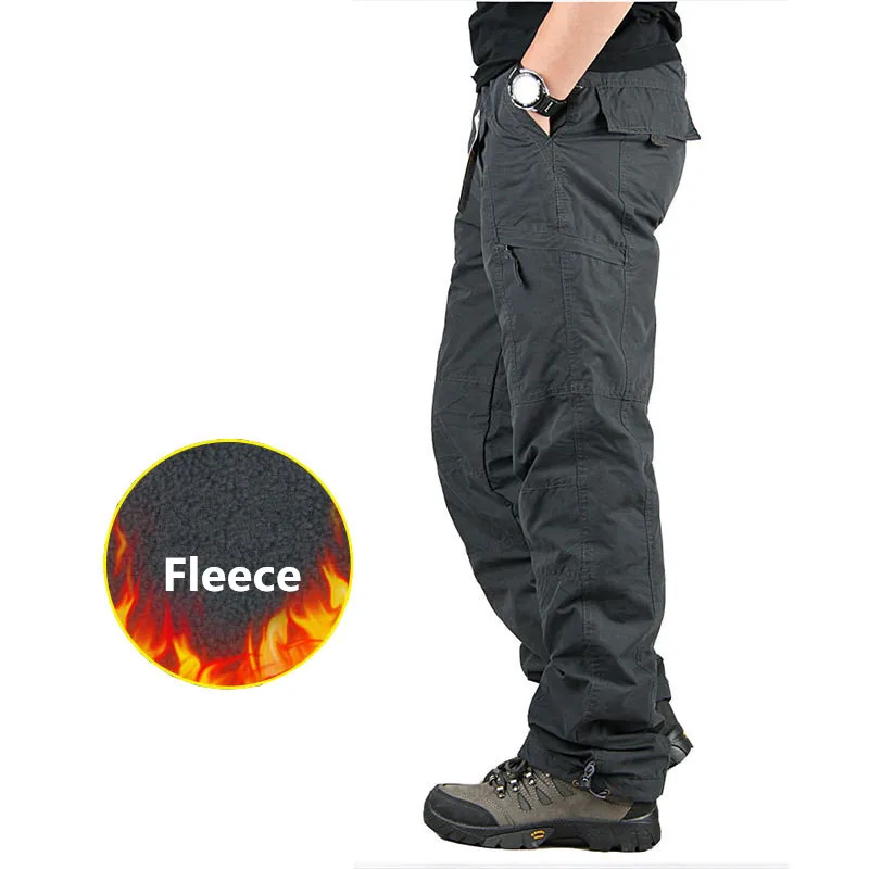 Men's Cargo Fleece Pants Double Layer Winter Thick Warm Pants Overalls Casual Cotton Rip-Stop Military Tactical Baggy Trousers - Цвет: Gray-1