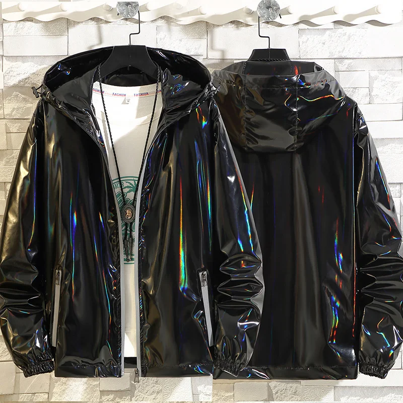 

#4201 Black Sliver Shinny Jacket Men Bomber Jacket Korean Style Hip Hop Jacket Slim Men Jackets And Coats Streetwear Hooded Coat