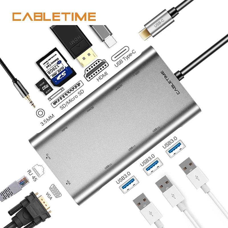 Кабельный usb-хаб RJ45 кард-ридер HDMI 10 в 1 концентратор 3,5 мм Тип C концентратор USB 3,0 с адаптером питания SD для ноутбука Macbook N231