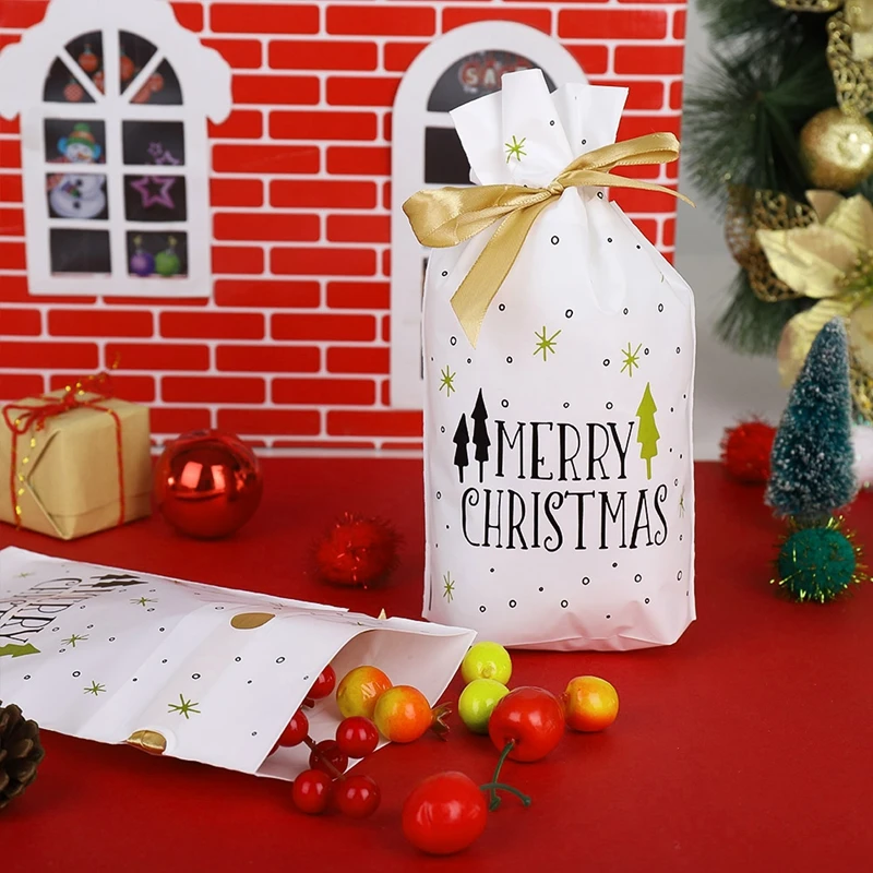 50pcs Merry Christmas Candy Bag Drawstring Bag Silk Ribbon For Birthday Wedding Party Decora Kids Gift Wrapping Supplies