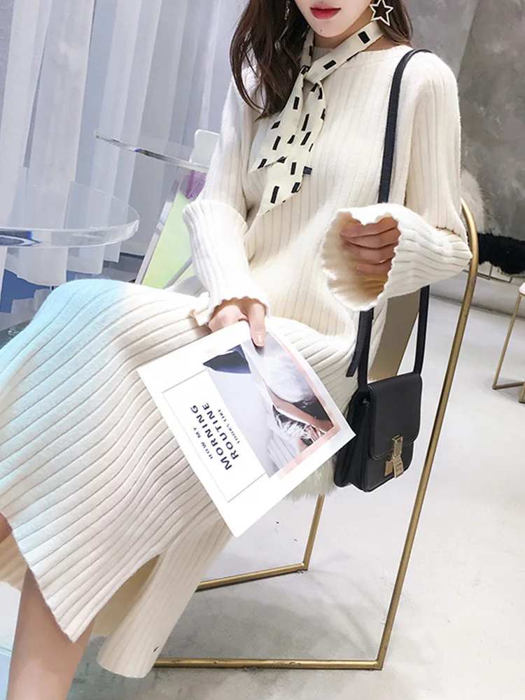 SuperAen Harajuku модное женское трикотажное платье в Корейском стиле, однотонное, осень и весна, женское платье, новая женская одежда