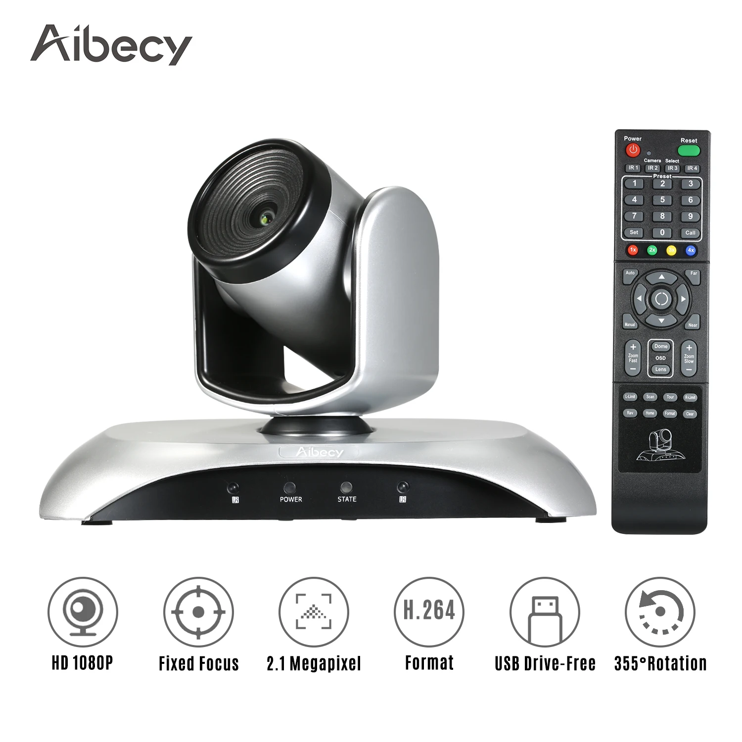 1080P Video Conference Camera Fixed Focus Wide Angle Webcam Supported H.264 Hard Compression 355&deg; Rotation with Remote Control