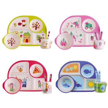 

5pcs/set Baby Dishes Set Eco-friendly Bamboo Fiber Dinnerware Cute Cartoon Animal Bowl Tableware for Kids Toddlers Boy Girl Gift