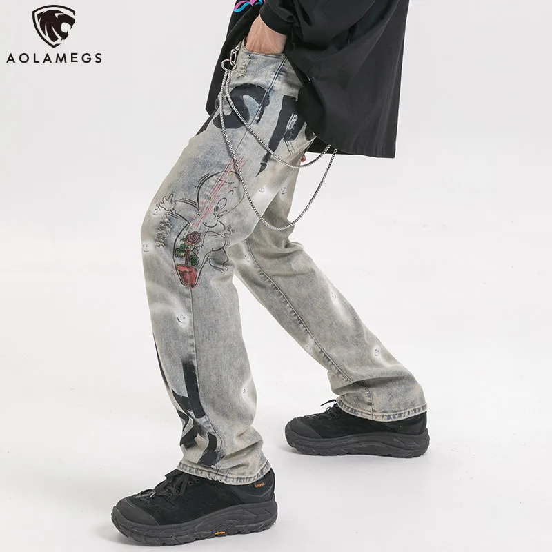 Aolamegs Jeans Men Letter Print Denim Pants Mens Vintage Skinny Jeans Hip Hop Style Advanced Trousers Fashion Streetwear Autumn