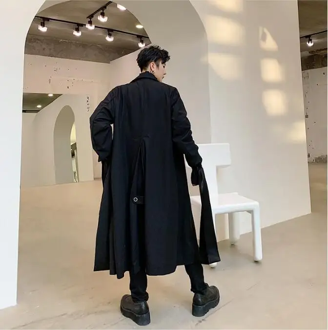 S-xl! темно-черный простой мужской красивый свободный длинный двубортный ветровка куртка стримеры декоративное осеннее пальто