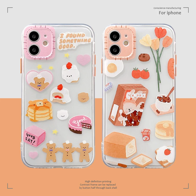 cartoon bear for iPhone xsmax se2020 7 8 8plus x xs xrs 11 11promax cake flower Highly transparent soft back coque cover | Мобильные