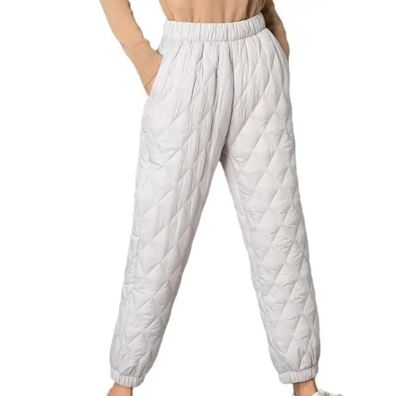 Women Winter Warm Down Cotton Pants Padded Quilted Trousers Elastic Waist Casual Trousers