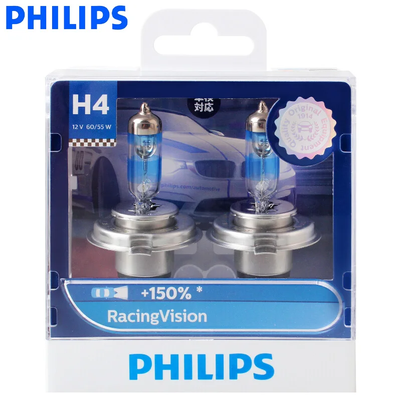 Philips H4 Racing Vision+ 150% 9003 12V более яркая Автомобильная фара Hi/lo луч галогенная лампа ралли производительность ECE 12342RV S2, пара