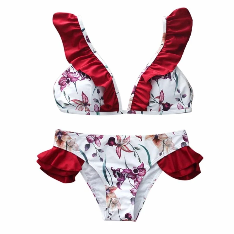 

Summer Print Ruffled Women'S Swimwear Split Flower Print Two-Piece Bikini Swimsuit Beachwear