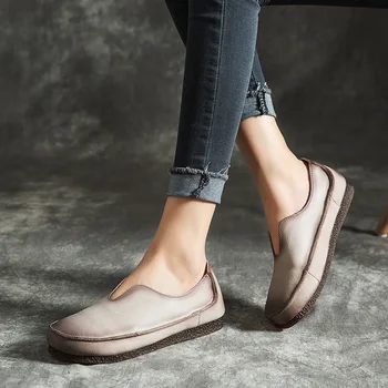 

women 2019 autumn genuine leather low flats heel slip on boat shoes female spadrilles moccasins toe loafers espadrillas S818-2