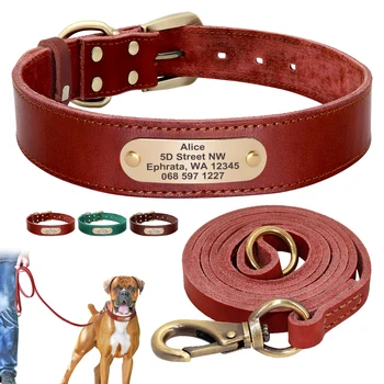 Collar de cuero personalizado para perro, Correa personalizada para mascotas, placa con nombre grabado gratis para perros pequeños, medianos y grandes 1
