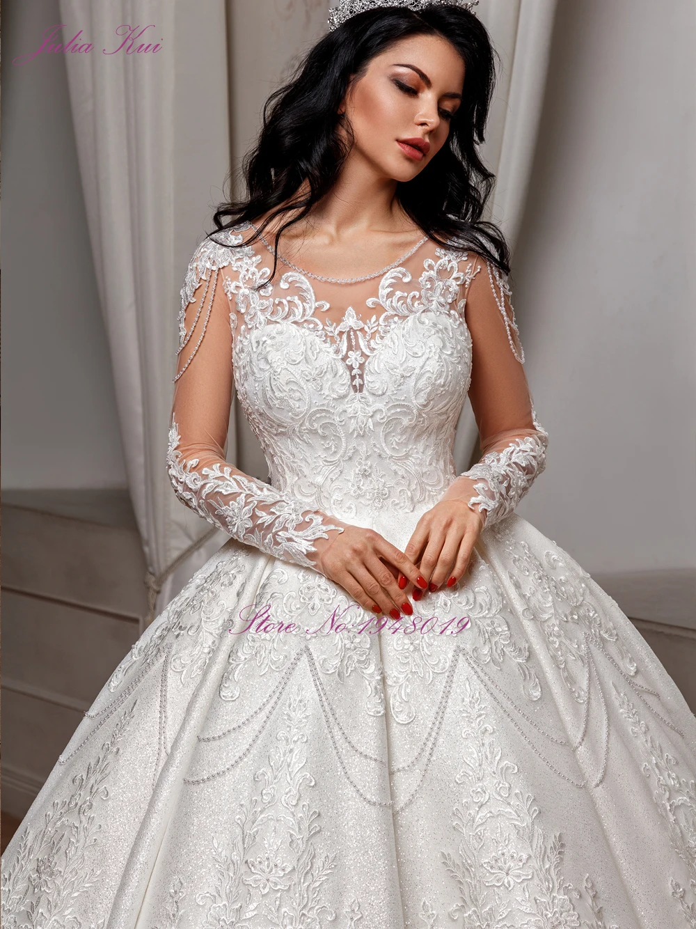 Julia Kui Robe De Mariee, роскошное свадебное платье с бисером,, иллюзия, длинный рукав, на шнуровке, свадебные платья, Vestido De Novia