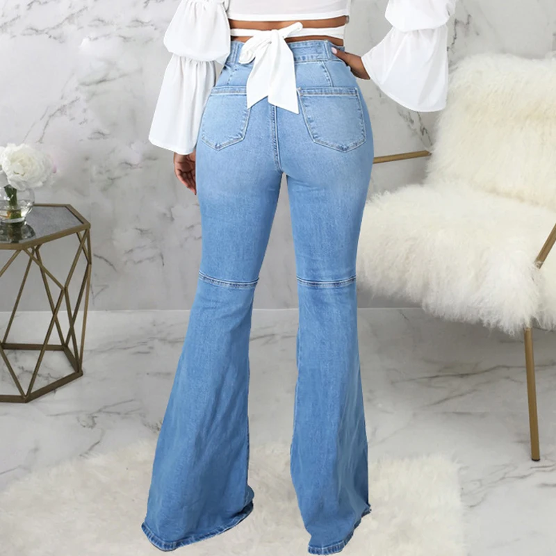 Light Blue Flared Jeans Women High Waist Casual Patchwork Streetwear