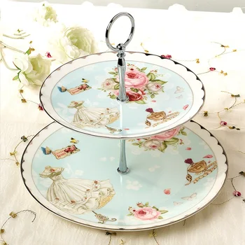 

Ceramic Double Layer Fruit Dessert Plates Cake Snack Tray Holder Display Rack European Flower Style Living Room Home Decor Plate