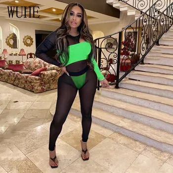 

WUHE Contrast Color Sexy Transparent One Piece Women Long Sleeve Skinny Bodysuit High Waist Pencil Pants Club Party Outfits