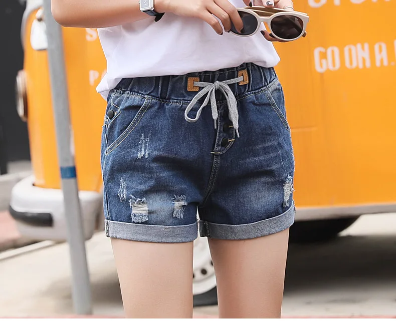 Summer Wear New Style Elastic Waist Elastic Denim Shorts Women's Shorts with Holes Fashion Shorts Sub-a-Piece