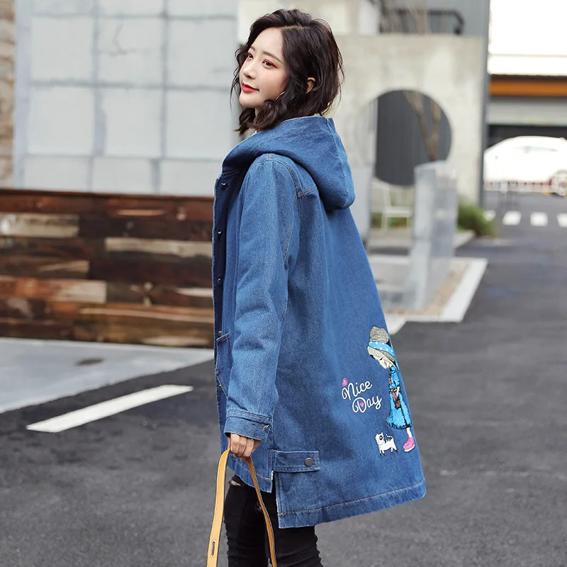 

2019 Autumn And Winter New Style Korean-style Lambs Wool Large Size Dress Mid-length Hooded Brushed And Thick Jeans Coat