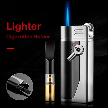 

ZINC ALLOY gas lighter windproof blue direct jet flame with Recyclable filter cigarette holder multifunction