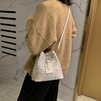 

Small Bucket Women Handbag New Fashion Sequins Splicing Lady's Shoulders Korean Casual Wild Female Messenger Bag Girl Cross Body