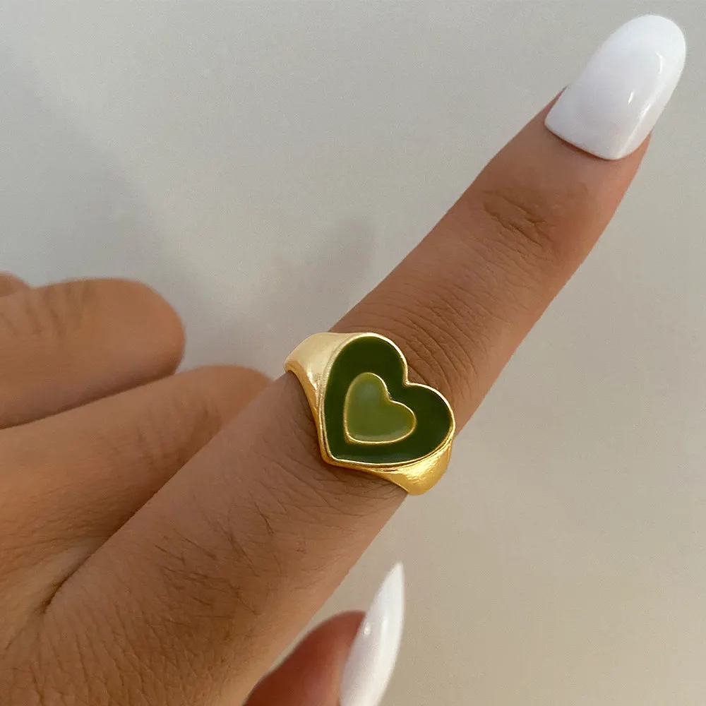 Finger Ring Sparkling Heart Ring Creative Cute Colorful Double Layer Love Heart Ring Vintage Drop Oil Metal Heart Rings For Women Girls Fashion Jewelry