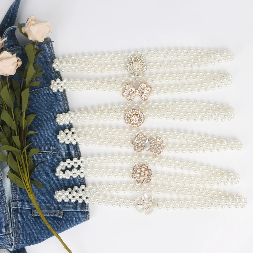 Elasticity Weave White Pearl Belt for ladies/girl beads Rhinestone strass Butterfly Flower Buckel rubber Weave Waist Decorative
