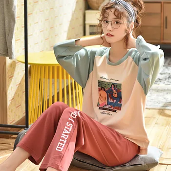 

Pajamas Woman Autumn Cartoon Abstract Printing Long Sleeve Trousers Fresh Leisure Time Girl Cotton Home Furnishing Serve Twinset