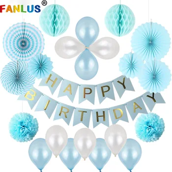 

34pcs/Set Blue Latex balloon decorations for baby shower happy birthday banner paper pom poms artificial flowers Christmas decor