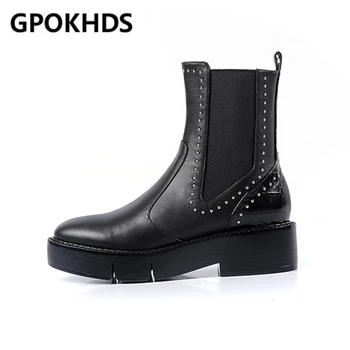 

GPOKHDS 2021 women Ankle boots Cow leather winter short plush Round Toe Rivet Med heels female Chelsea boots size 40