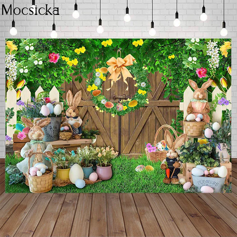 Photo Backdrop Spring Easter Green Plants Grassland Egg Rabbit Decor Bunny Child Birthday Portrait Studio