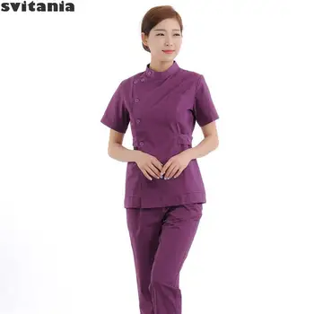 

Svitania Purple Stand Collar Nurse Uniform Short Sleeve Suit Work Clothes Beauty Plastic Hospital Medical Clothes