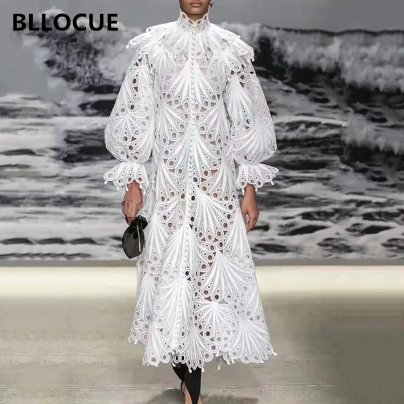 BLLOCUE, высокое качество, роскошное подиумное винтажное женское платье, рукав-фонарик, однобортное кружевное платье с вышивкой, открытое Макси платье