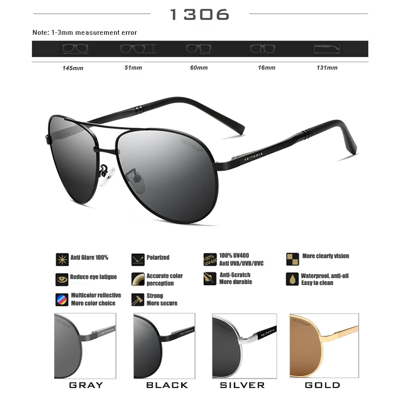 Мужские солнцезащитные очки-авиатор VEITHDIA, брендовые дизайнерские очки с поляризационными стеклами, модель 1306