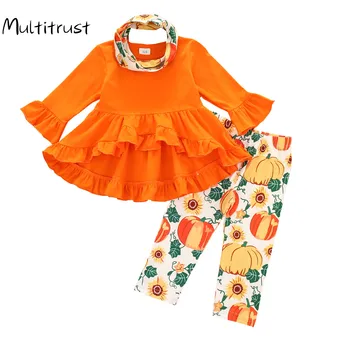 

Autumn girls 3pcs clothing sets For Holloween European and American flower print leggings suit children's lace irregular clothes