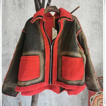 

QING MO Red Black Green Women Patchwork Color Coat Velvet 2020 Women Denim Stitching Coat Female Vintage Loose Jacket ZQY5917