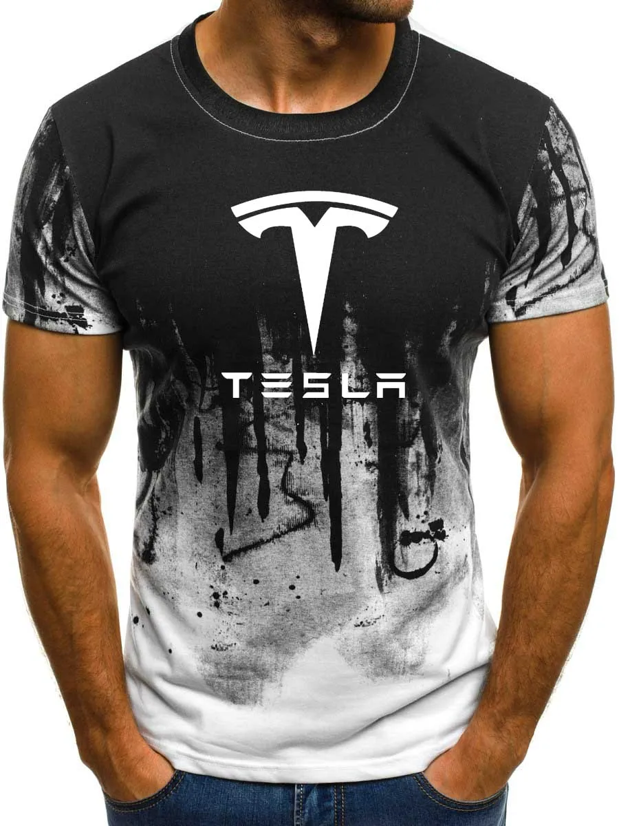 Мужская футболка с коротким рукавом и логотипом Tesla Car, летняя повседневная хлопковая Футболка с градиентом, модная футболка в стиле хип-хоп Harajuku, Мужская брендовая футболка