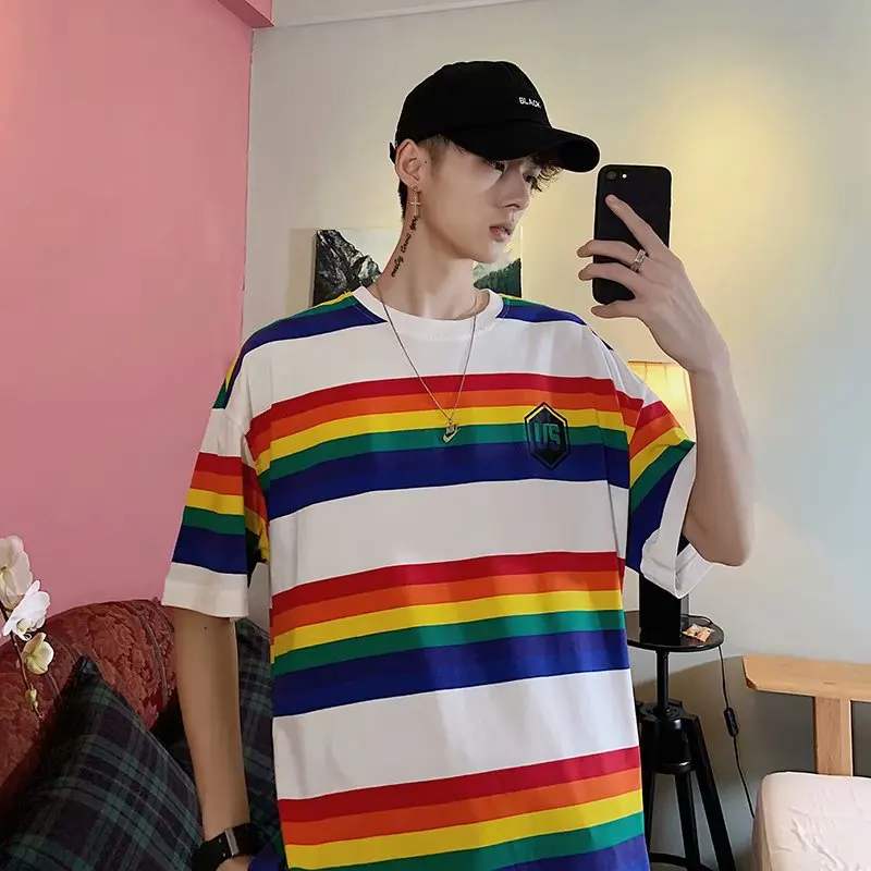 Striped Five-sleeved Men's New Relaxed Fashionable Half-sleeved Couple Tee Short-sleeved T-shirt in 2019