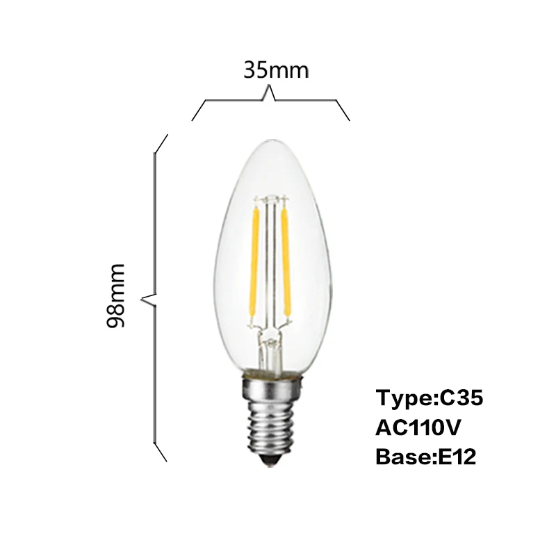 E14 Светодиодная лампа светильник в форме свечи 2 Вт 4 Вт 6 Вт 220 в 240 в 110 В E12 C35 винтажная Светодиодная лампа накаливания Эдисона с регулируемой яркостью для люстры светильник ing - Испускаемый цвет: C35 110V