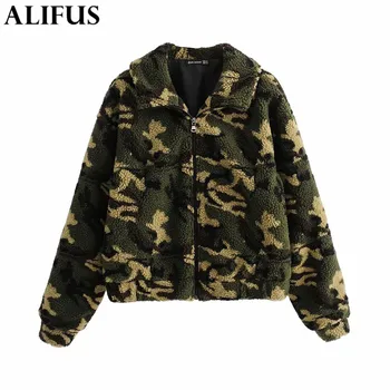

Fashion Za Women Coat Casual 2019 Autumn Winter Camouflage wool Zipper Long Sleeve Lapel Collar Loose Warm Jacket Female Ladies