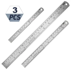 Regla de 3 piezas de acero inoxidable, accesorios de herramienta de dibujo, regla recta de Metal, métrica, herramienta de medición de precisión de 15/20/30cm