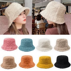 1PC Unisex Harajuku Bucket Hat Solid Men Fishing Fisherman Hat Autumn Winter Lamb Wool Outdoor Warm Panama  For Women