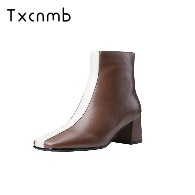 

TXCNMB Genuine Leather Winter Boots for Women Classic Chelsea Natural Leather Ladies Shoes Square Toe Thick Heel Ankle Boots