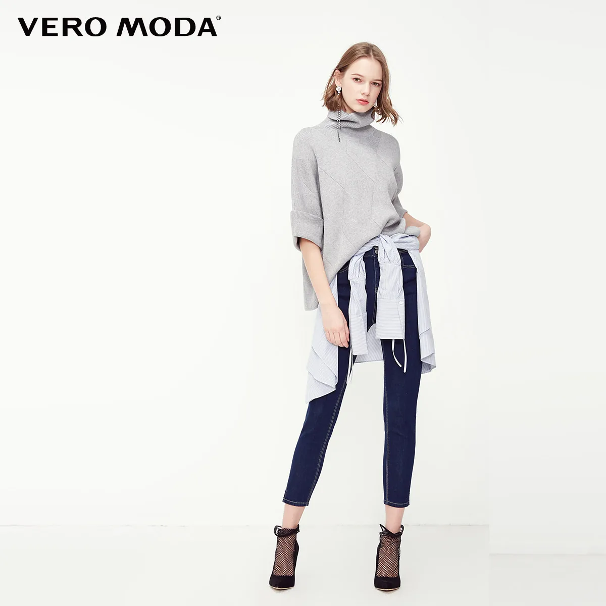 Vero Moda женский минималистичный Свободный вязаный свитер с высоким воротником | 319125502 - Цвет: Lt. grey mel.